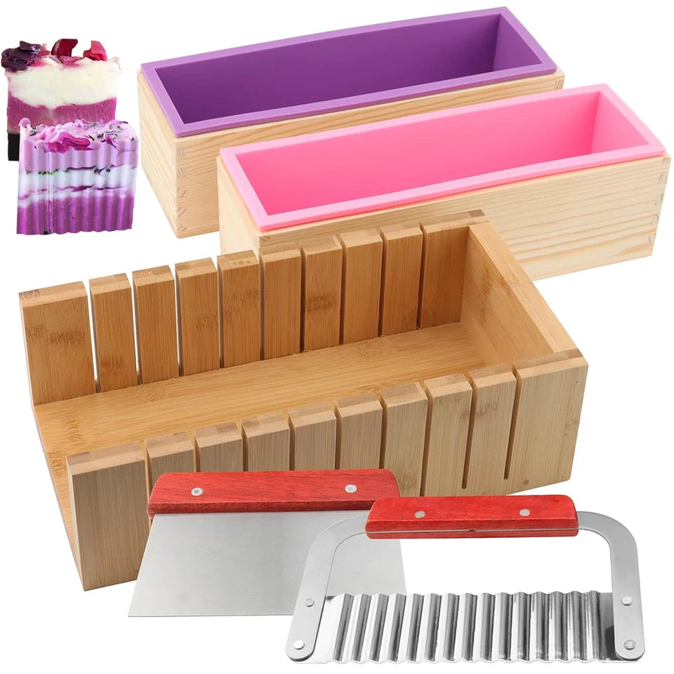 DIY Handmade Soap Making Kit Bamboo Cutting Box and Inner Box with Silicone Mold Stainless Steel Straight Cutter and Wavy Cutter