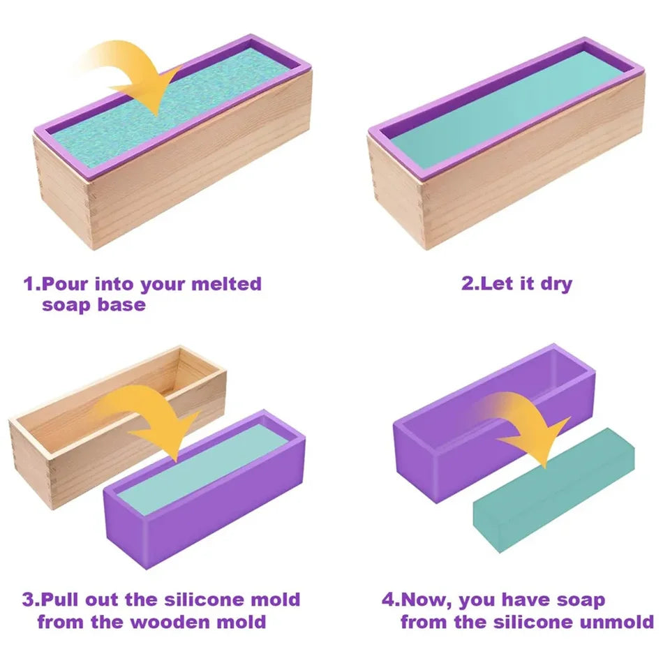 Flexible Rectangular Soap Silicone Mold with Wood Box DIY Tool for Soap Cake Making