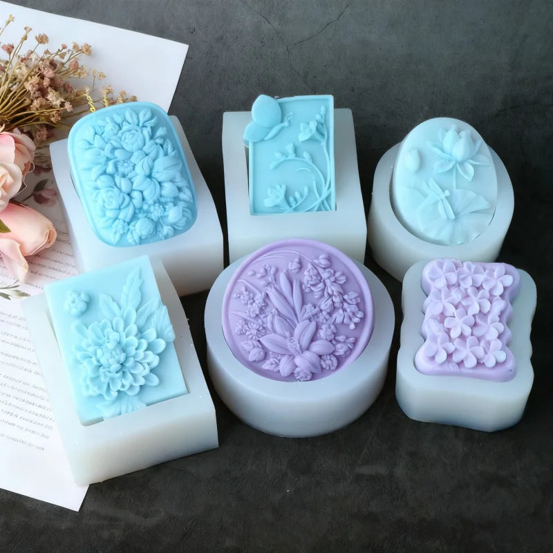 3D Flat Relief Flower Silicone Round Mold DIY Lily Peony Fragrance Soap Make Tool Embossed Lotus Dragonfly Pattern Candle Mold