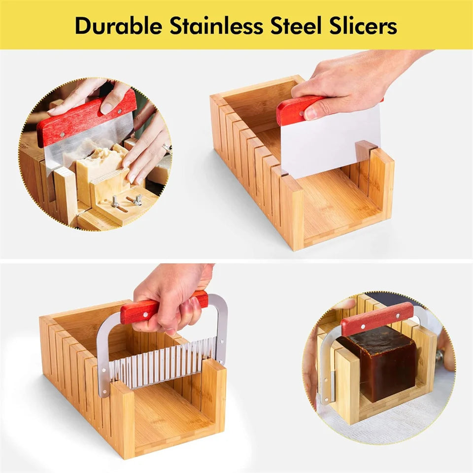 DIY Handmade Soap Making Kit Bamboo Cutting Box and Inner Box with Silicone Mold Stainless Steel Straight Cutter and Wavy Cutter