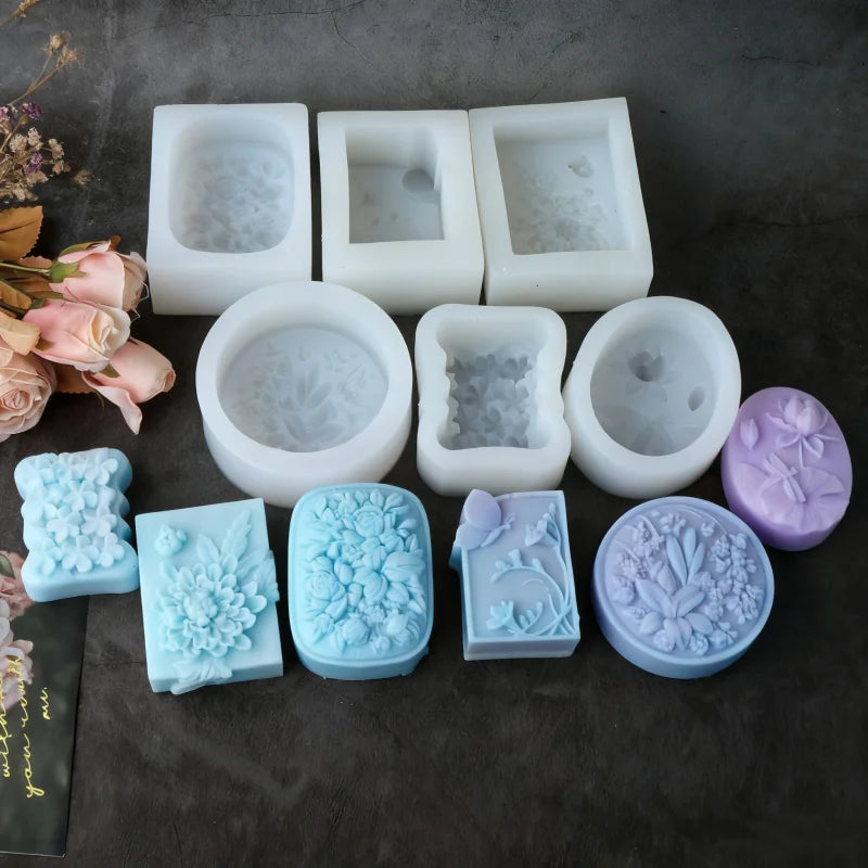 3D Flat Relief Flower Silicone Round Mold DIY Lily Peony Fragrance Soap Make Tool Embossed Lotus Dragonfly Pattern Candle Mold