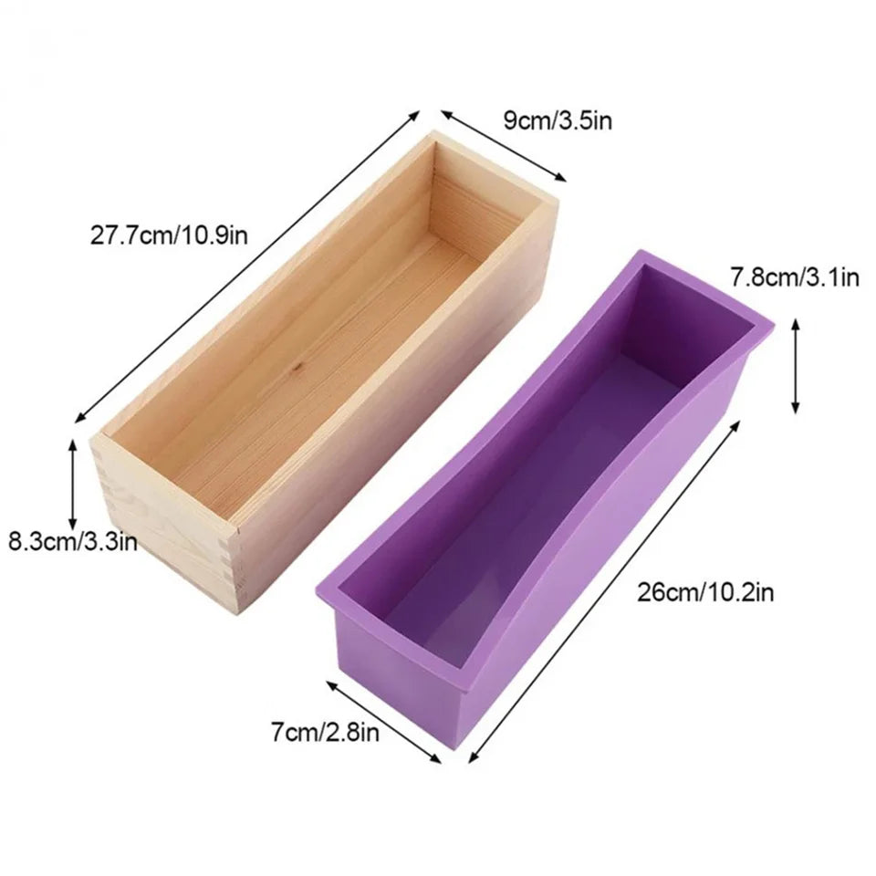 Flexible Rectangular Soap Silicone Mold with Wood Box DIY Tool for Soap Cake Making