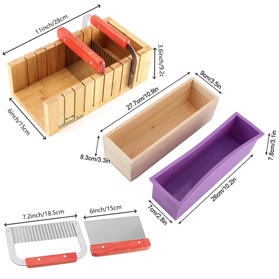 DIY Handmade Soap Making Kit Bamboo Cutting Box and Inner Box with Silicone Mold Stainless Steel Straight Cutter and Wavy Cutter