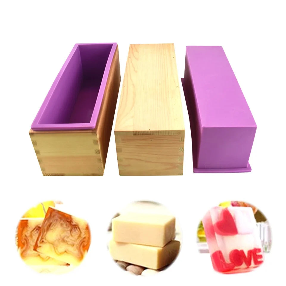 Flexible Rectangular Soap Silicone Mold with Wood Box DIY Tool for Soap Cake Making