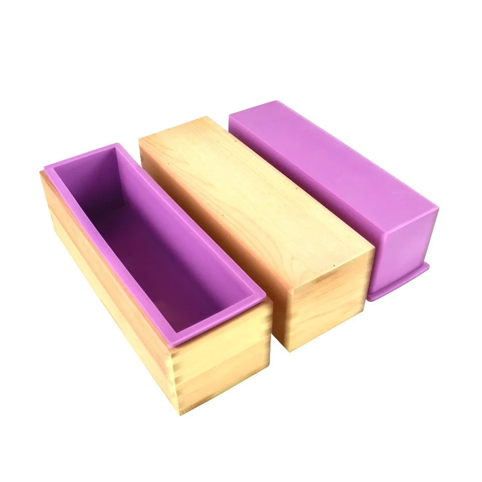 Flexible Rectangular Soap Silicone Mold with Wood Box DIY Tool for Soap Cake Making